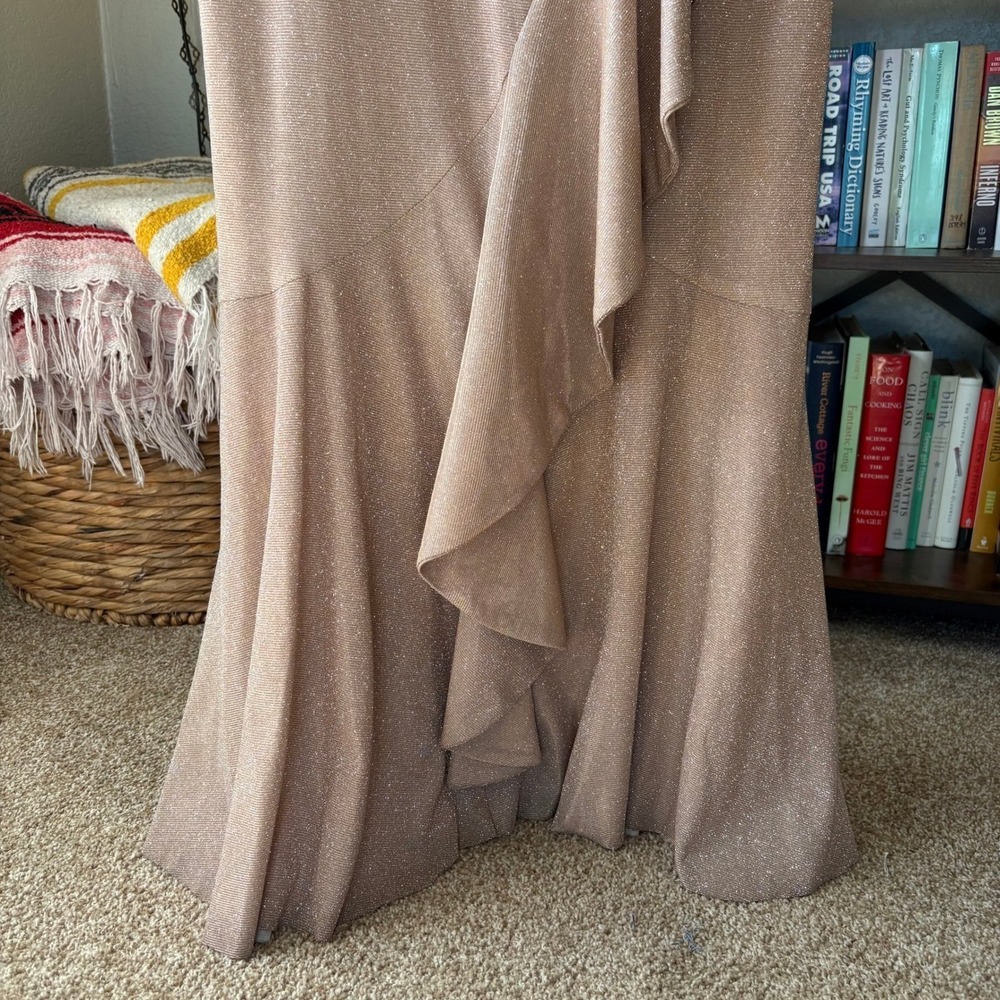 Betsy & Adam Shimmer Off Shoulder Evening Gown Champagne Formal Ruffle Dress - Picture 7 of 11